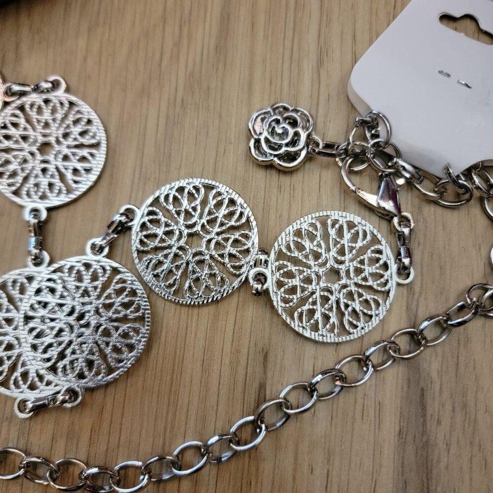 Silver Tone Filigree Medallion Chain Belt – Long Statement Belt – 39 Inches - Picture 2 of 3